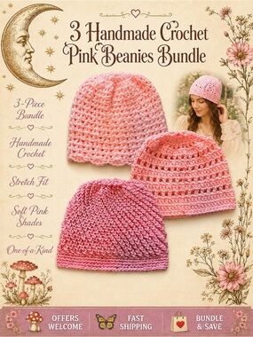 3 Handmade Crochet Pink Beanies Bundle Adult Small Teen Boho Cottagecore Hats